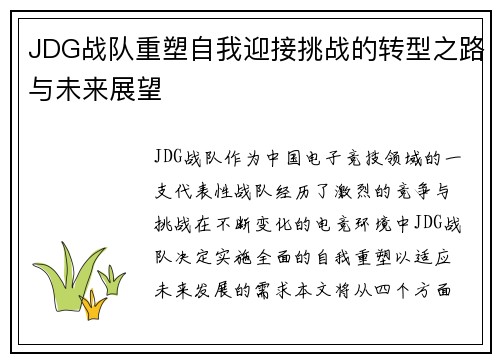 JDG战队重塑自我迎接挑战的转型之路与未来展望